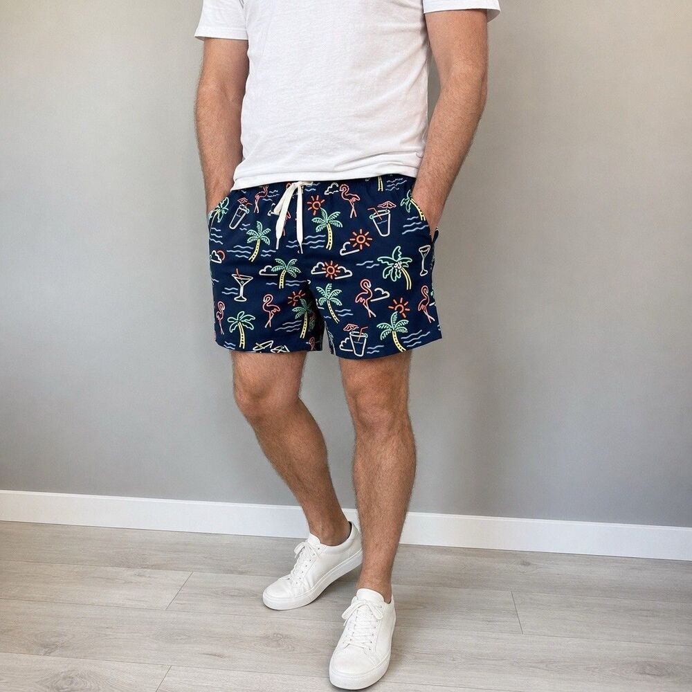 Chubbies The Neon Lights Swim Trunks Mens L 5.5” Lined Navy Flamingo
